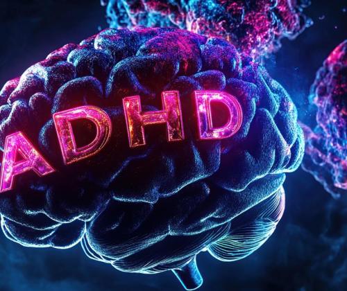 Neonowy napis ADHD na mózgu otoczonym kosmicznymi barwami, symbolizujący złożoność funkcjonowania mózgu w ADHD.