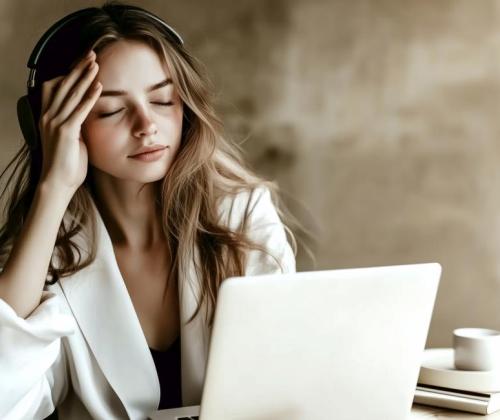 Młoda kobieta w słuchawkach, oparta o dłoń przy laptopie, wygląda na zamyśloną i zmęczoną, symbolizując trudności z koncentracją w ADHD u dorosłych.