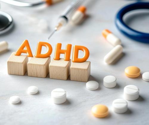 Drewniane klocki z napisem ADHD otoczone tabletkami i sprzętem medycznym, symbolizujące leczenie farmakologiczne ADHD.